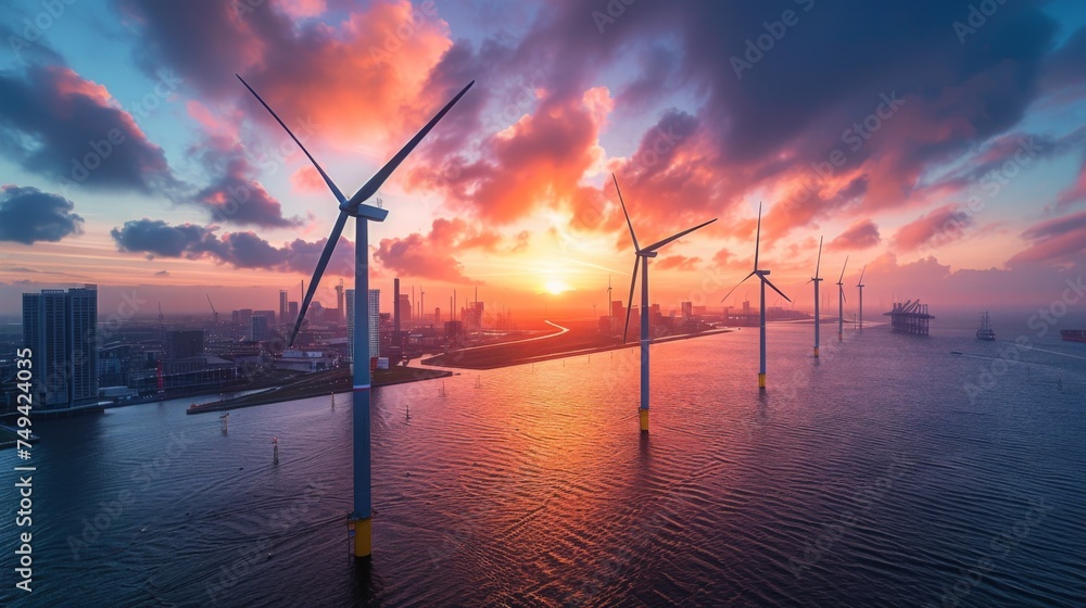 field and offshore wind farms, green power and ecology saving