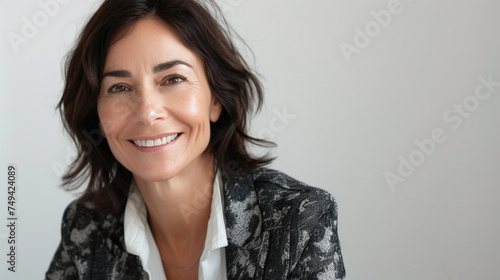 Elegant businesswoman, exuding confidence and authority, is shown here grinning broadly at the camera at an unguarded moment against a stark white background photo