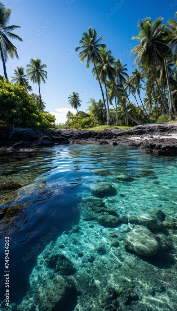 title. idyllic tropical beach with palm trees and tranquil blue lagoon, title. idyllic tropical beach with palm trees and tranquil blue lagoon,