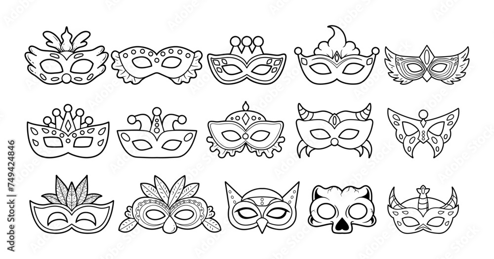 Various carnival mask outline sketch vector illustration set