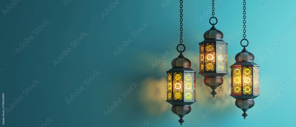 Arabic lantern for Ramadan on right side, isolated on turquoise background. illuminate, copy space concept, mockup.