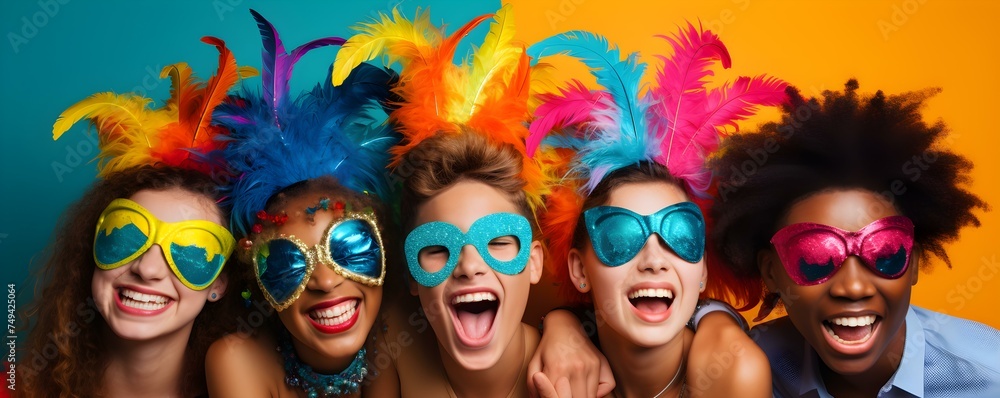 Group of teens having a blast at a vibrant carnival event. Concept Carnival Fun, Teen Adventures, Colorful Moments, Joyful Faces, Exciting Gathering