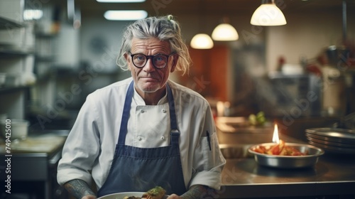 A male restaurant chef with dreadlocks and tattoos stands in the kitchen. The new generation of culinary