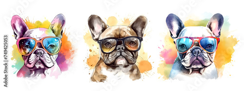 Funny French Bulldog with glasses. Set of dogs portraits. © Lunstream