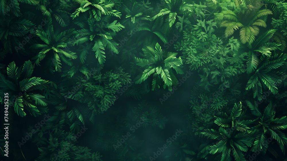 A dense overhead view of tropical foliage, capturing the intricate patterns and lushness of a rainforest canopy.
