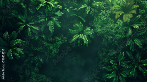 A dense overhead view of tropical foliage  capturing the intricate patterns and lushness of a rainforest canopy.