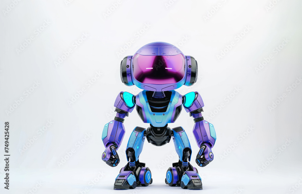 small robot in purple and cyan colors against an isolated white background. The robot is compact in size and has vibrant colors. futuristic concepts. for use in visual projects related to robotics, AI small robot in purple and cyan colors against an isolated white background. The robot is compact in size and has vibrant colors. futuristic concepts. for use in visual projects related to robotics, AI