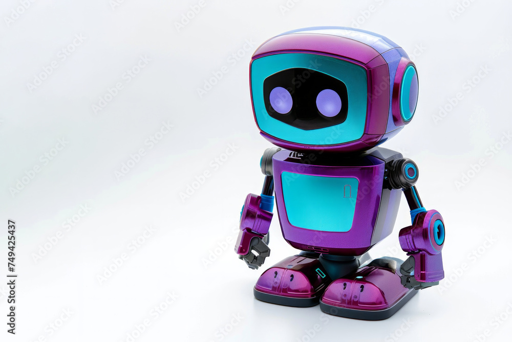 small robot in purple and cyan colors against an isolated white background. The robot is compact in size and has vibrant colors. futuristic concepts. for use in visual projects related to robotics, AI