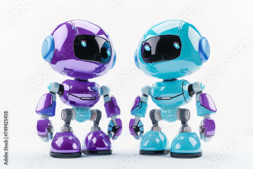 small robot in purple and cyan colors against an isolated white background. The robot is compact in size and has vibrant colors. futuristic concepts. for use in visual projects related to robotics, AI © Nataliia_Trushchenko
