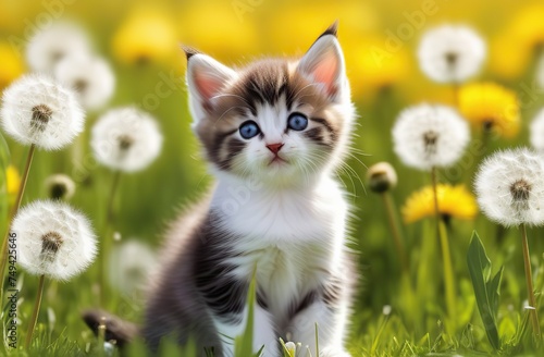 A small fluffy funny kitten enjoys on a spring summer meadow among dandelion flowers. Postcard banner spring time