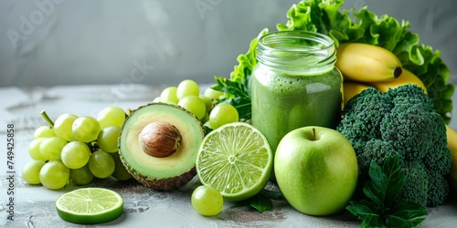 Glass jar green health smoothie, kale leaves, lime, apple, kiwi, grapes, banana, avocado, and lettuce. Copy space. Raw, vegan, vegetarian, and alkaline food concepts. Banner, On the white marble table