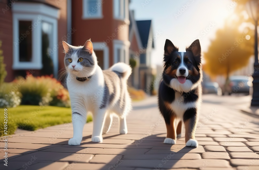 Furry friends cat and dog walking