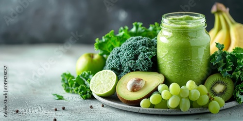 Glass jar green health smoothie  kale leaves  lime  apple  kiwi  grapes  banana  avocado  and lettuce. Copy space. Raw  vegan  vegetarian  and alkaline food concepts. Banner  On the white marble table