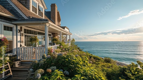the coastal elegance of a Cape Cod-style residence overlooking the ocean, capturing the essence of seaside living photo