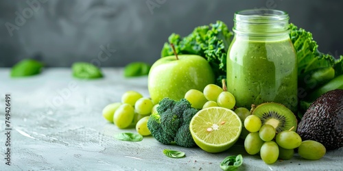 Glass jar green health smoothie  kale leaves  lime  apple  kiwi  grapes  banana  avocado  and lettuce. Copy space. Raw  vegan  vegetarian  and alkaline food concepts. Banner  On the white marble table