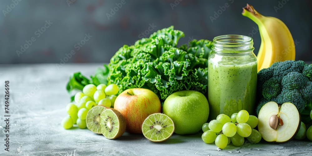 Glass jar green health smoothie, kale leaves, lime, apple, kiwi, grapes, banana, avocado, and lettuce. Copy space. Raw, vegan, vegetarian, and alkaline food concepts. Banner, On the white marble table Glass jar green health smoothie, kale leaves, lime, apple, kiwi, grapes, banana, avocado, and lettuce. Copy space. Raw, vegan, vegetarian, and alkaline food concepts. Banner, On the white marble table