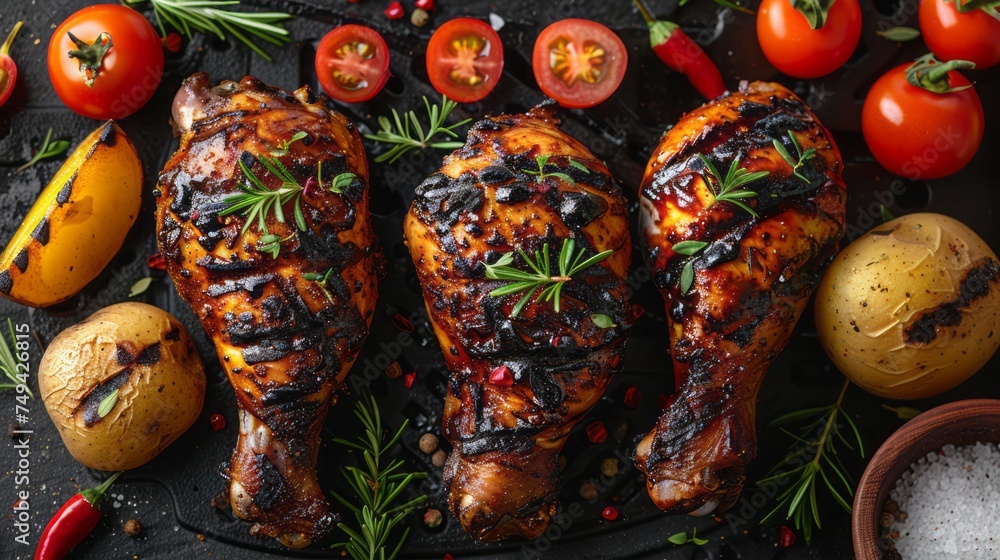 Grilled chicken legs on the flaming grill with grilled vegetables with tomatoes,