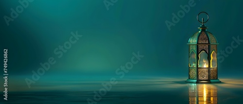 Arabic lantern for Ramadan on right side isolated on emerald green background. copy space concept, mockup.
