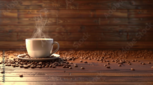 A steaming cup amidst coffee beans