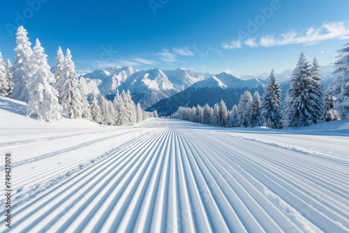Skiing in beautiful sunny Austrian mountains on an empty ski slope photo