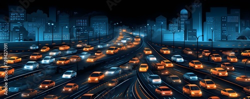 Nighttime traffic jam causes congestion on twolane road with various vehicles. Concept Traffic Congestion, Nighttime Scene, Two-Lane Road, Variety of Vehicles photo