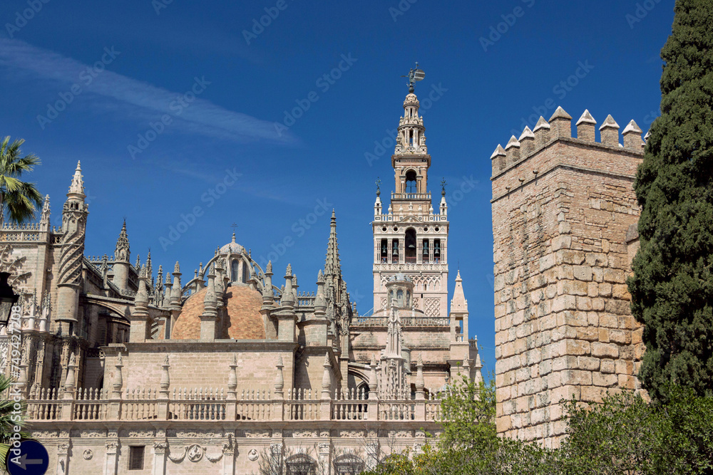 exterior architecture of Cathedral church in Seville, Spain
