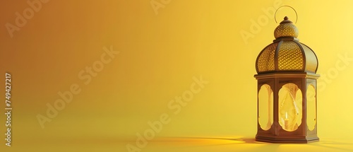 Arabic lantern for Ramadan isolated on yellow background. Decorative Eid Mubarak festival banner design stock. copy space concept, mockup. 