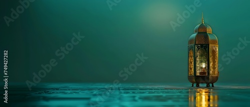Arabic lantern for Ramadan on right side isolated on emerald green background. copy space concept, mockup.