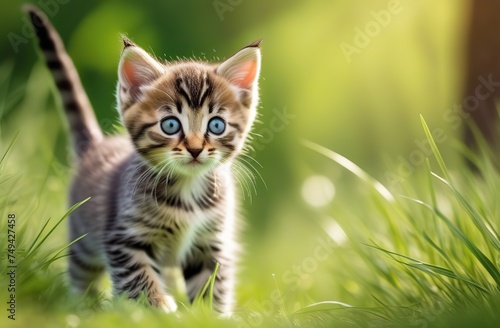 Funny little tabby kitten walking in the wild. Cute kitty with big green eyes looking up in grass in forest. Banner with cat on nature outdoors 