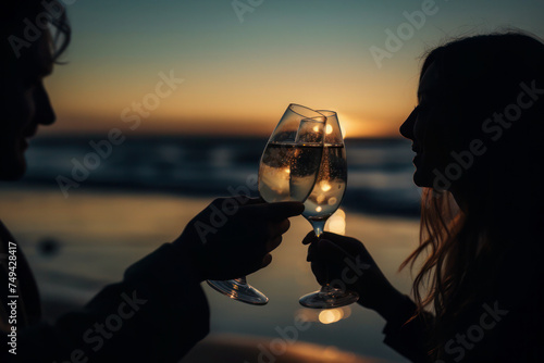 Romantic champagne toast at sunset on the beach