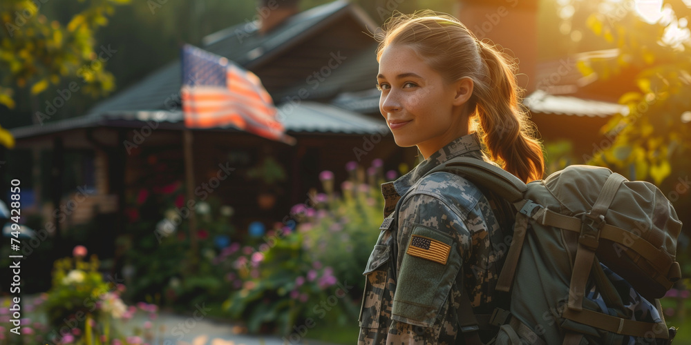 Obraz premium happy soldier returning home with america flag and home in background 
