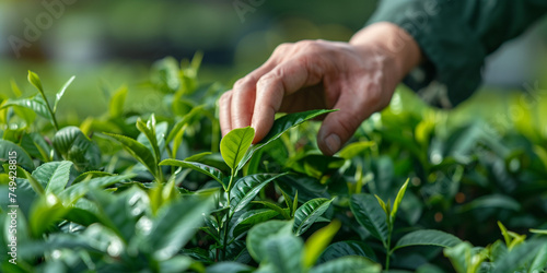 The farmer form Asian country working and picking tea leaf in farm tea plantation agriculture. fresh nature background generative ai