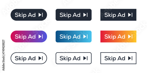 Skip ads button icon. Stop video ad logo symbol. Online ad marketing stop sign