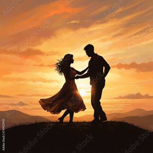  A silhouette against a vibrant sunset captures a couple dancing on a hill  their love illuminated by the golden hues of the evening sky. 