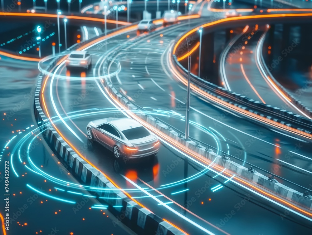 Autonomous cars navigate a neon-lit digital roadway, showcasing the future of transportation.