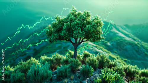 Tree of Growth - Conceptual Image with Symbolic Elements of Nature, Finance, and Progress