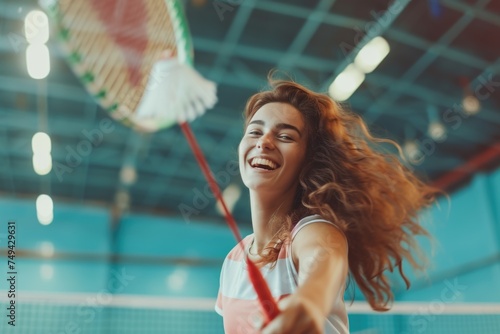 A woman is smiling and holding a tennis racket