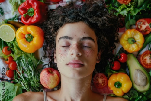 A woman gracefully reclines among an assortment of fresh fruits and vegetables, immersed in a moment of mindful connection with natures bounty