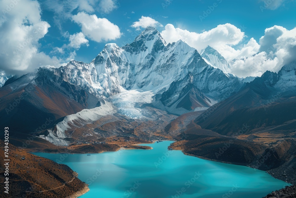 A tranquil blue lake nestled amidst towering mountains under a cloudy sky, creating a breathtaking natural landscape