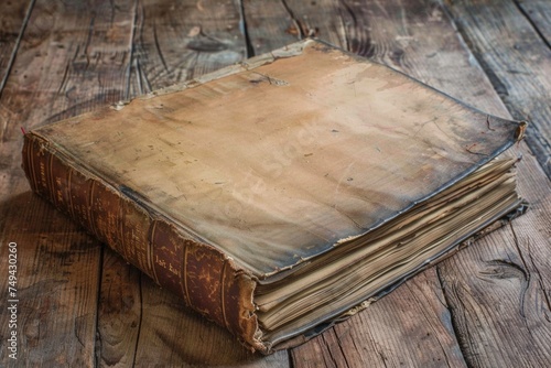 An antique book with yellowed pages sits atop a rustic wooden floor, creating a nostalgic and vintage scene
