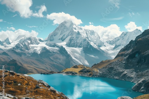 A serene blue lake nestled among towering mountains in the backdrop of a cloudy sky
