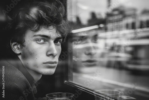 A young man is captured in a moment of contemplation as he gazes thoughtfully out of a window