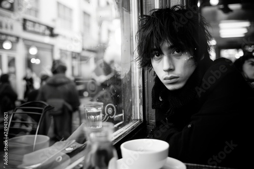 A young man sits at a table in a cafe, looking out the window with a contemplative expression