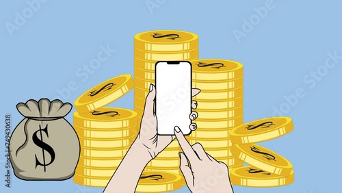hand use smartphone to earning money ilustration flat video