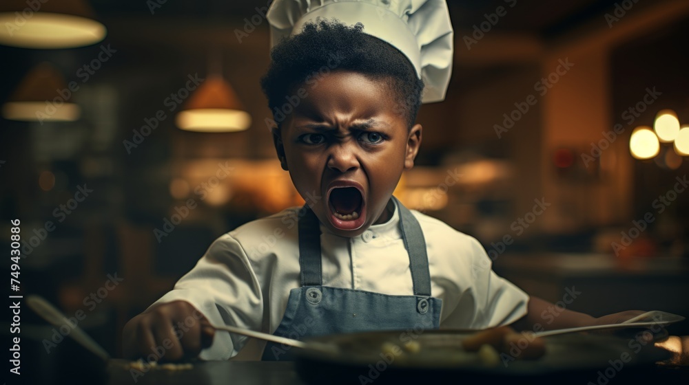 Angry child chef screaming in restaurant kitchen. Chef yelling. Conflict in the kitchen - obrazy, fototapety, plakaty 