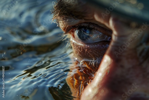 A close-up view of a persons eye gazing into the water, reflecting a serene sense of solitude and contemplation