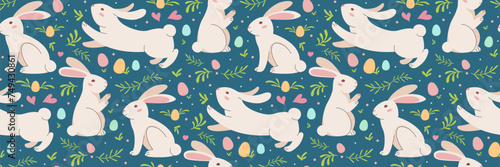 Easter rabbit blue seamless pattern. Colorful Easter eggs. Color eggs with bunnies, vegetation.