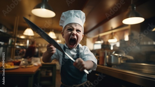 Angry child chef screaming in restaurant kitchen. Chef yelling. Conflict in the kitchen photo
