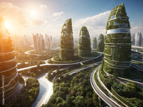 A futuristic cityscape with tall buildings and green trees growing on buildings.