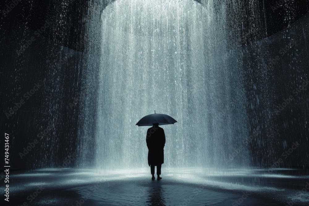 A person stands under an umbrella in a downpour, bathed in a cylinder of light against a dim, misty background, portraying isolation amid nature's force. - obrazy, fototapety, plakaty 